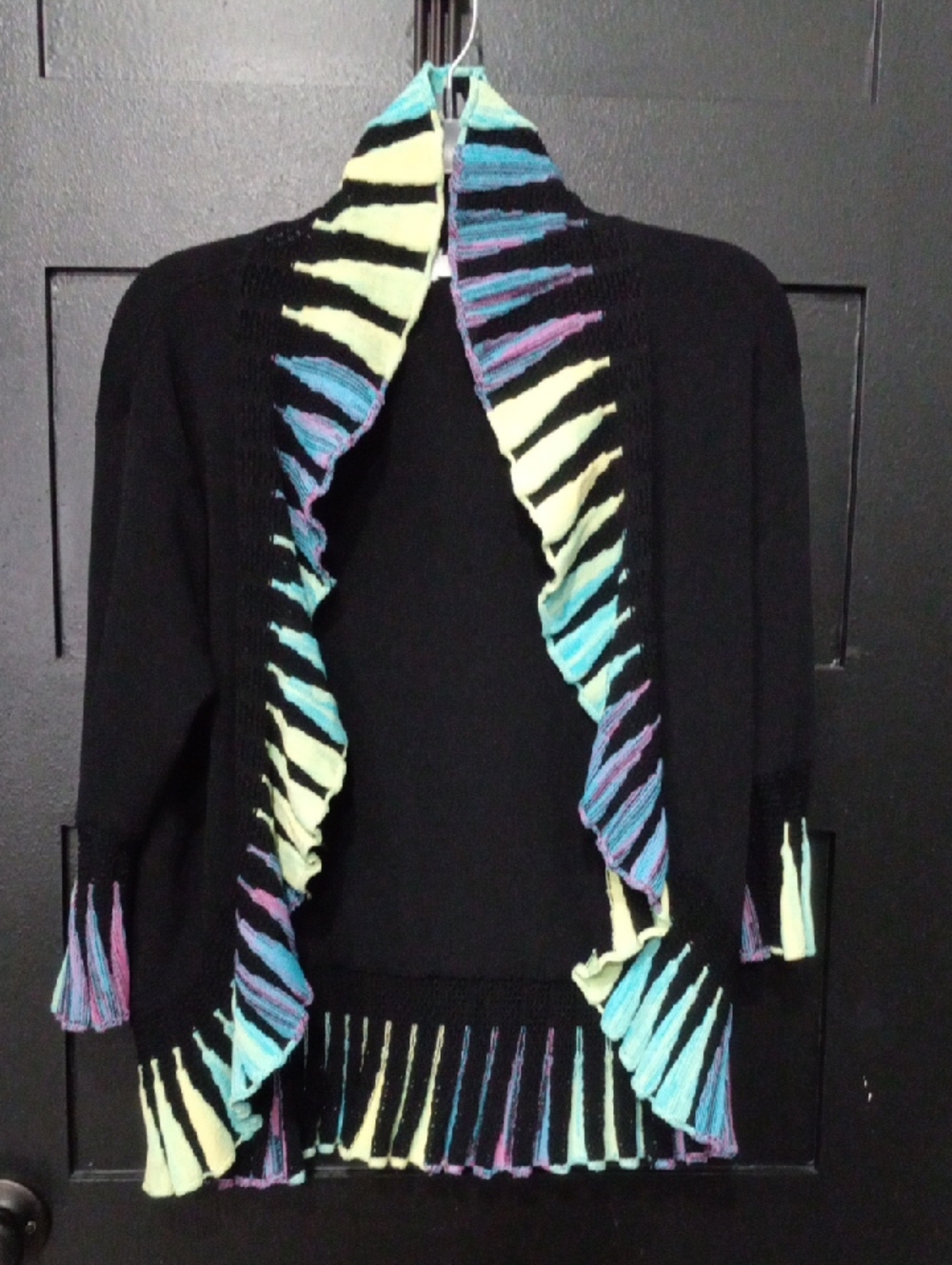 Adore Black Cardigan with Multicolor Ruffled Trim